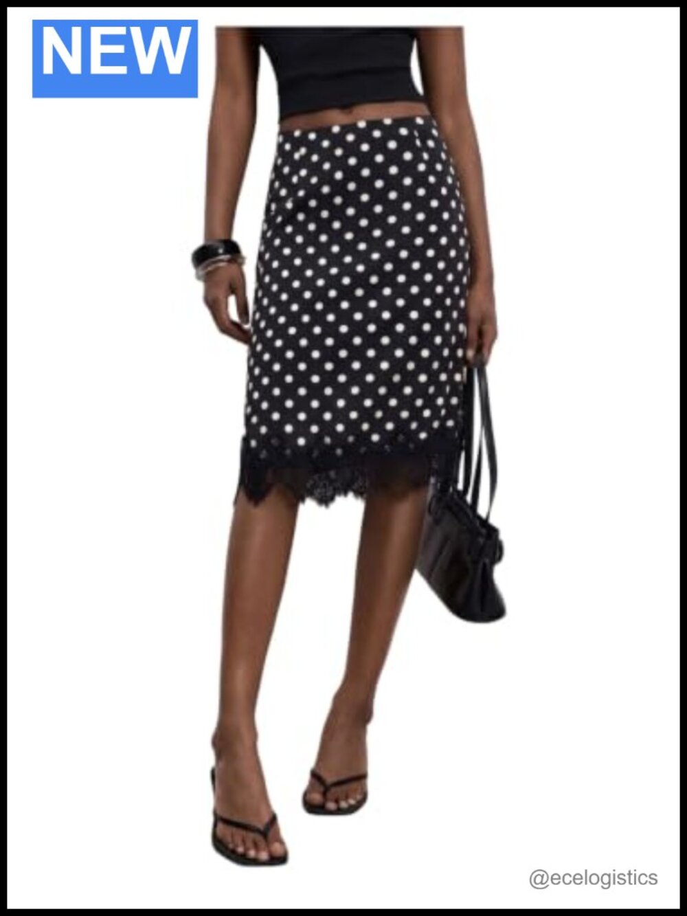 Satin Midi Skirt Lace Trim Polka Dots Pull On Bodycon